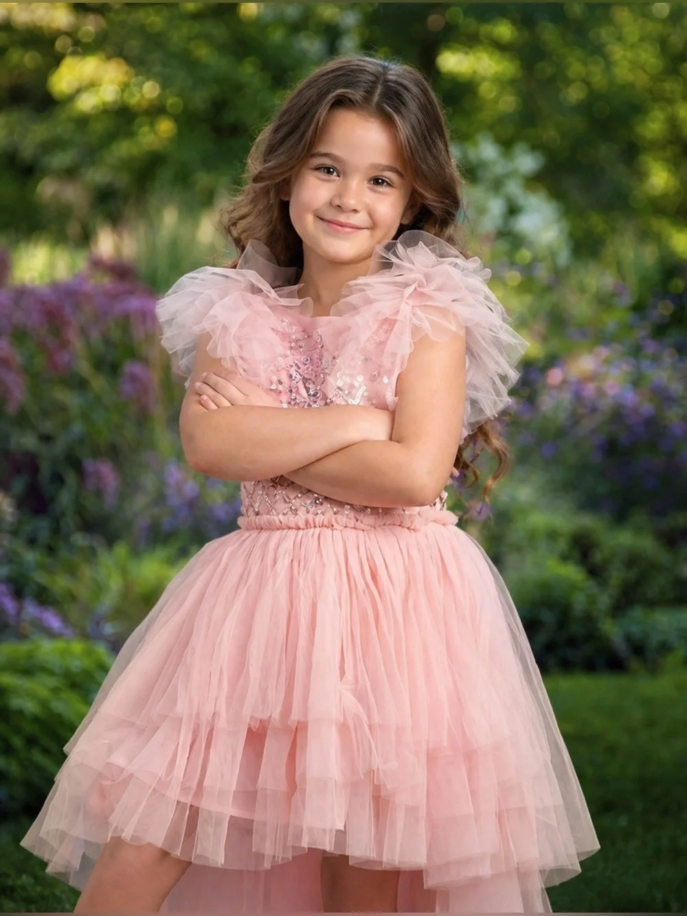 TUTU DE MONDE Girls Pink Hi-Low Tutu Dress 8–9 Floral Sequin Beaded